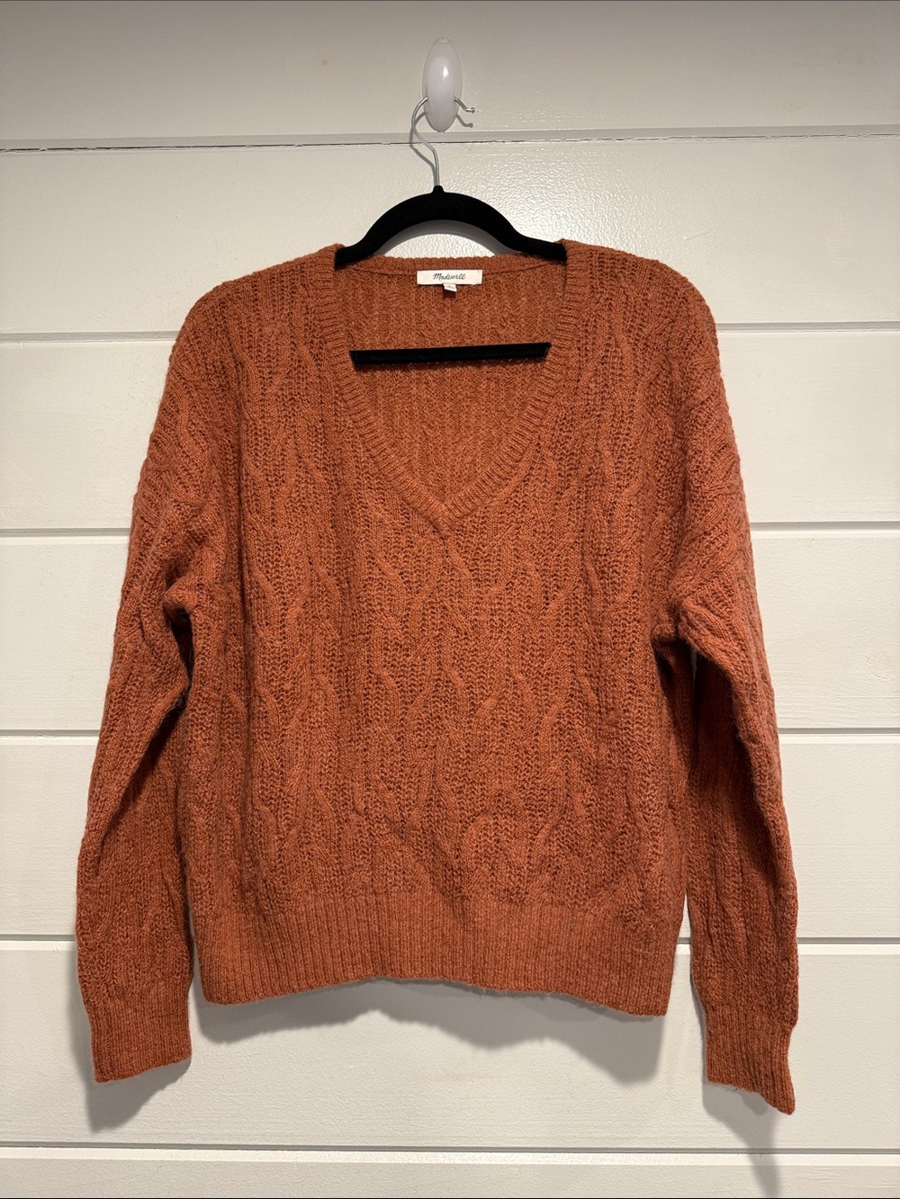 Madewell V-Neck Cable Knit Sweater in Rusty Orange.  Size - large